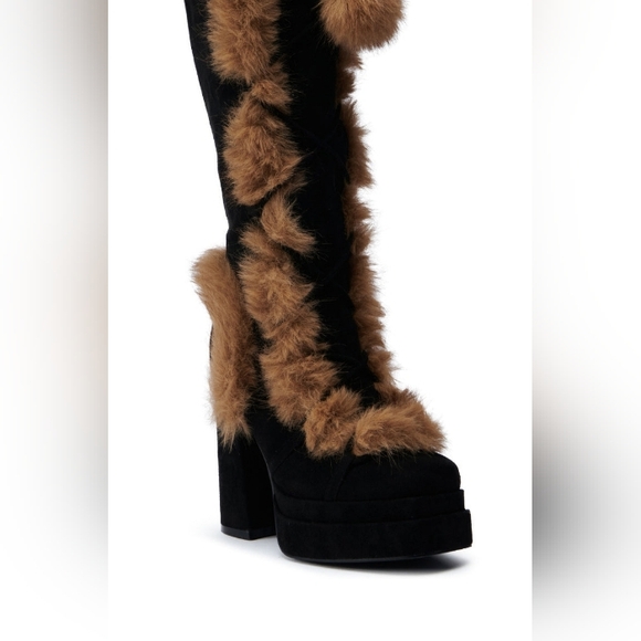 AZALEA WANG "Nightfall Teddy Stompers" Elegant Black and Brown Fur-Trimmed Boots - Picture 5 of 7